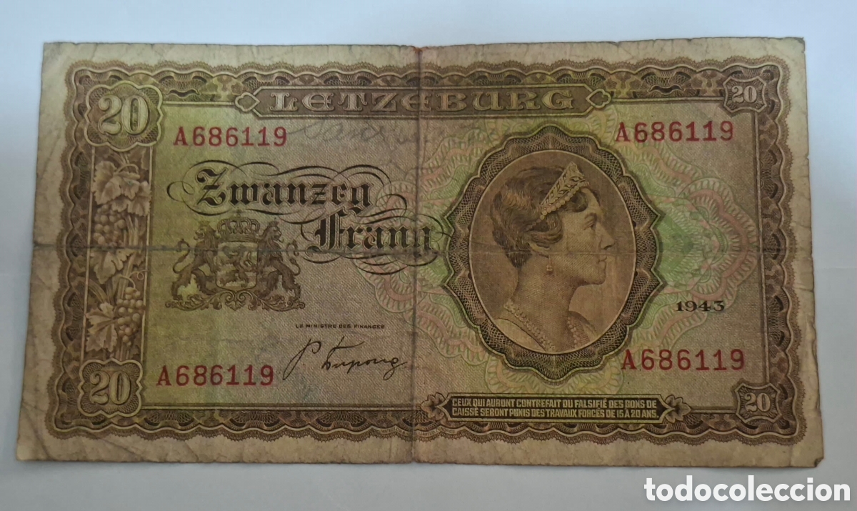 Billetes extranjeros: Billete Luxemburgo,1.943, 20 Francos,VF
