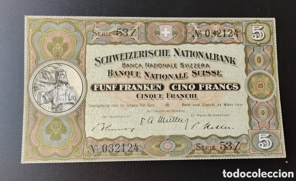 Notas Internacionais: SUIZA : 5 FRANCOS 1952. SC .UNC. PK.11