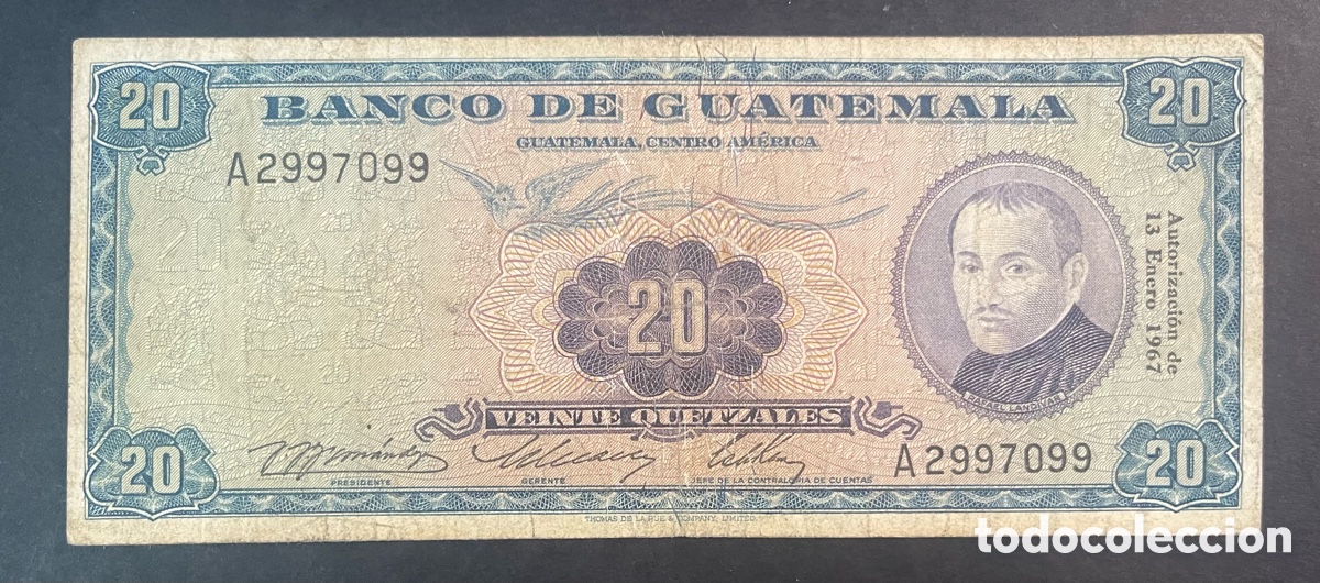 Billetes extranjeros: CMC GUATEMALA 20 QUETZALES 1967 PICK 55 MBC-