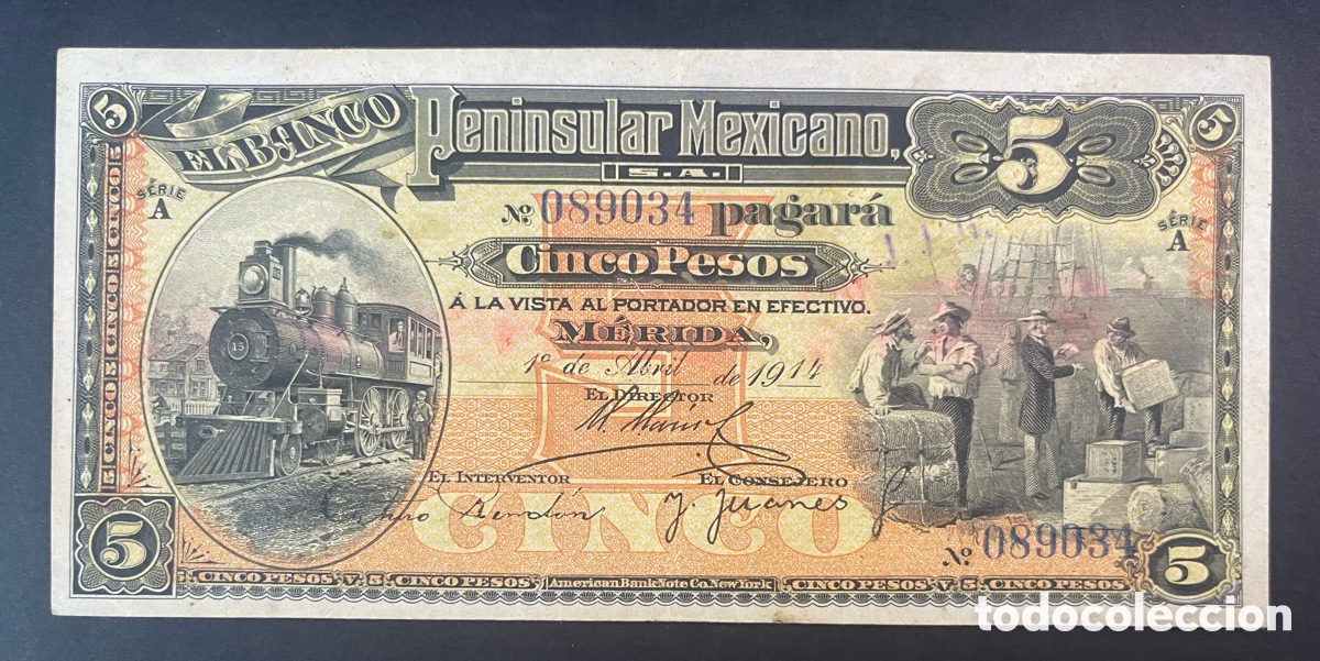Billetes extranjeros: CMC MEJICO (MEXICO) 5 PESOS 1914 BANCO PENINSULAR PICK S465 SC-