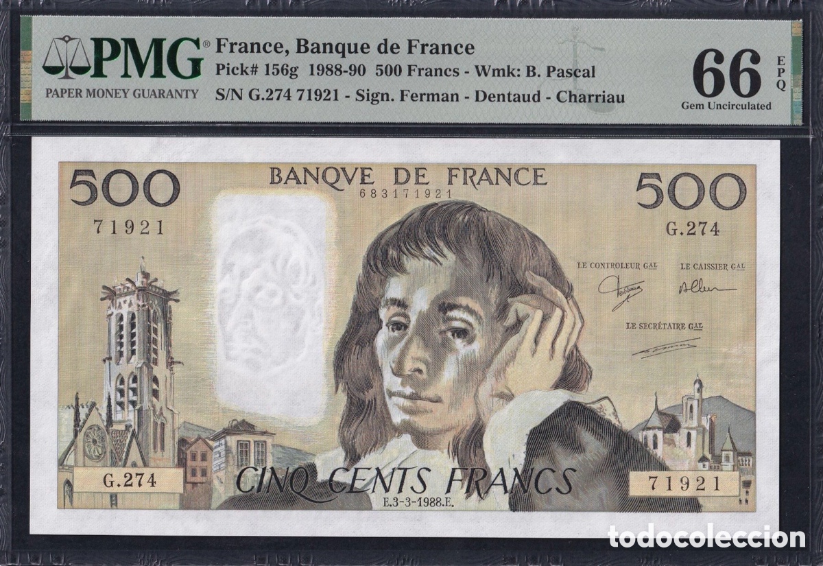Billetes extranjeros: Billete Francia 500 Francos 1988 PMG 66 p156g