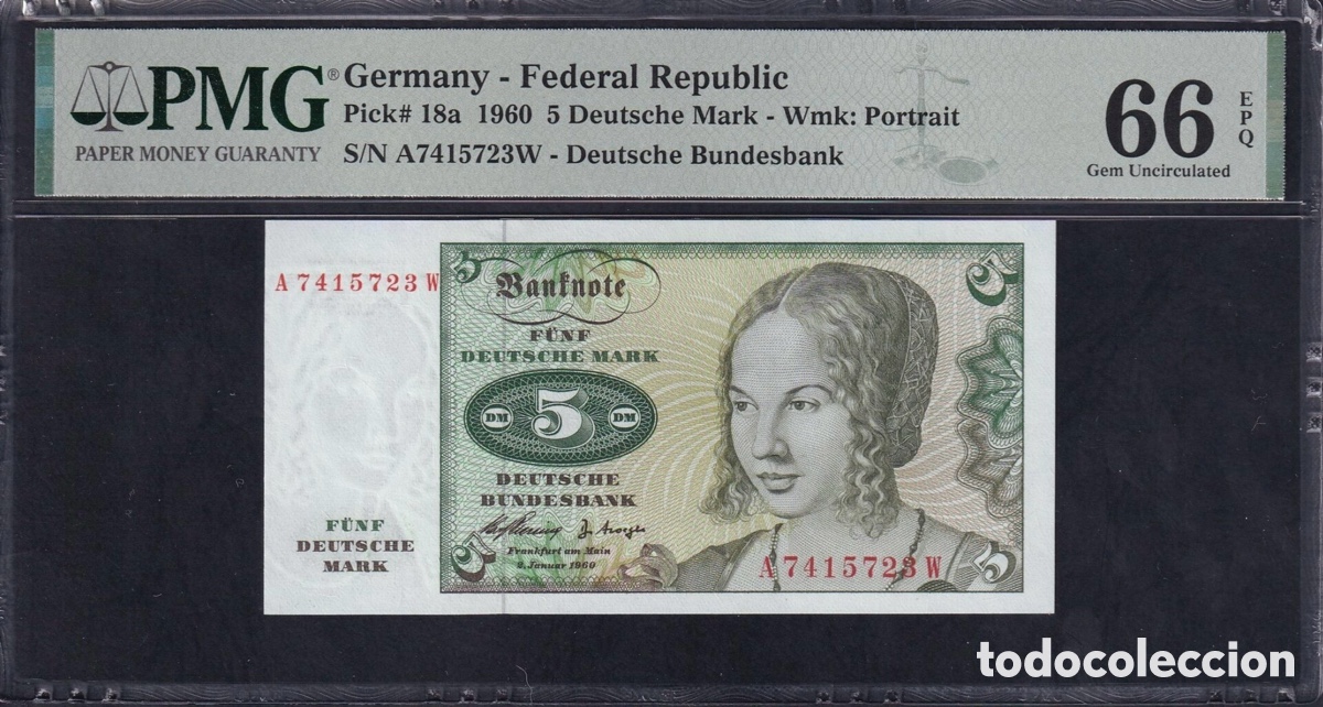 Billetes extranjeros: Billete Alemania 5 Deutsche Mark 1960 PMG 66 Serie A