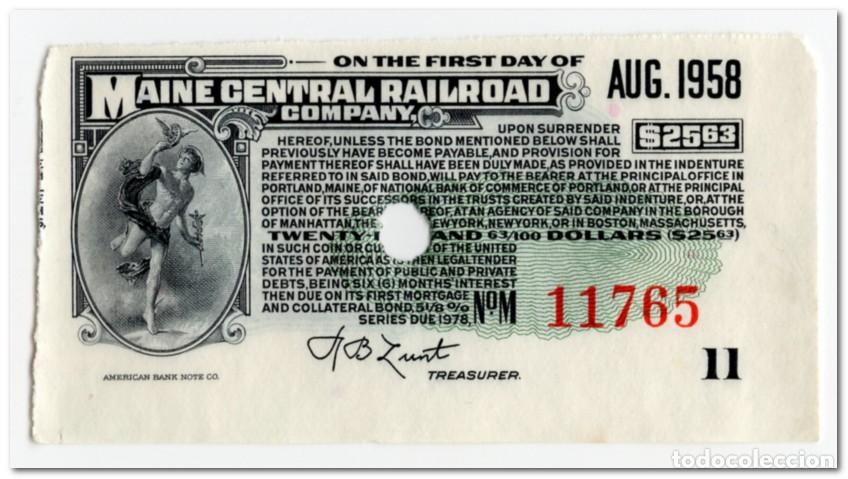 Billetes extranjeros: UNITED STATES, 25,63 DOLLARS MAIN CENTRAL RAILROAD BOND,1958,CANCELLED,AU