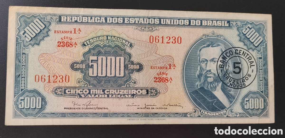 Billetes extranjeros: BRASIL: 5 cruzeiros novos sobre 5000 cruzeiros 1966.circulado.pk.188.