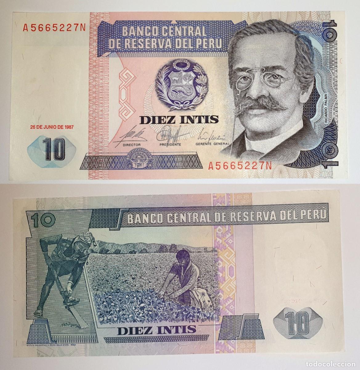 Billetes extranjeros: PER&Uacute; &ndash; 10 INTIS 1987 &ndash; RICARDO PALMA &ndash; BANCO CENTRAL DE RESERVA DEL PER&Uacute; &ndash; P#129