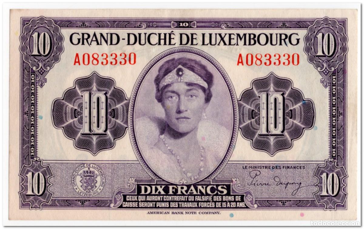 Billetes extranjeros: LUXEMBOURG,10 FRANCS,1944,P.44a,VF-XF