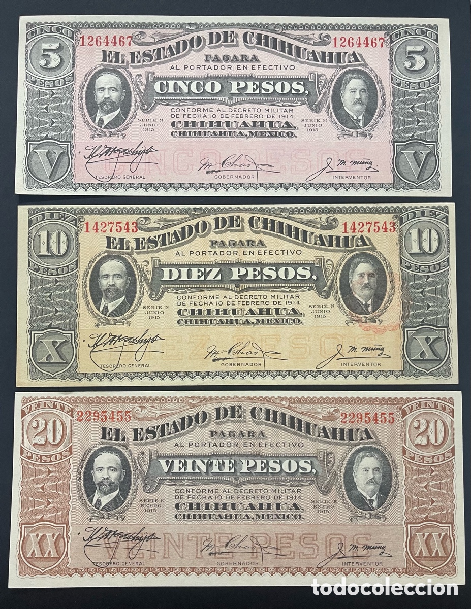 Billetes extranjeros: CMC MEJICO (MEXICO) 5,10 Y 20 PESOS 1915 SC