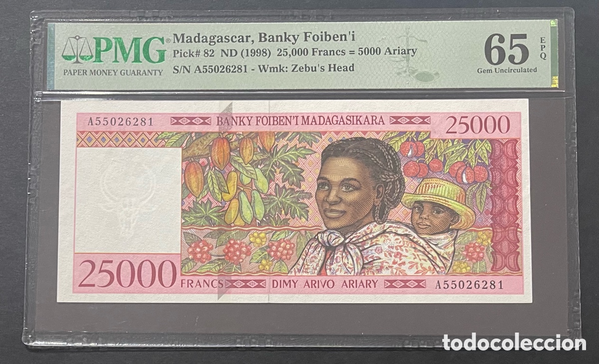 Billetes extranjeros: CMC MADAGASCAR 250000 FRANCOS 1998 PICK 82 CERTIFICADO PMG 65 EPQ