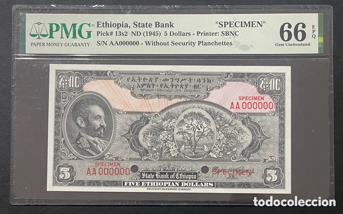 Billetes extranjeros: CMC ETIOPIA (ETHIOPIA) 5 DOLARES 1945 PICK 13S2 SPECIMEN CERTIFICADO PMG 66 EPQ