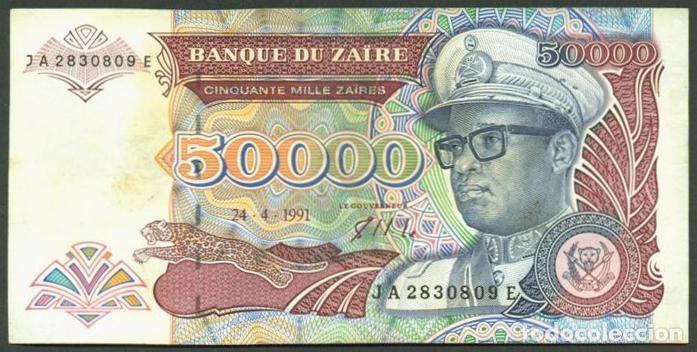 Internationale Banknoten: ZAIRE. 50000 zaires 24.4.1991. Pick 40. Fauna, gorilas. Prefijo 2 letras.