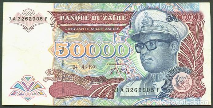 Internationale Banknoten: ZAIRE. 50000 zaires 24.4.1991. Pick 40. Fauna, gorilas. Prefijo 2 letras.