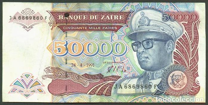 Internationale Banknoten: ZAIRE. 50000 zaires 24.4.1991. Pick 40. Fauna, gorilas. Prefijo 2 letras.