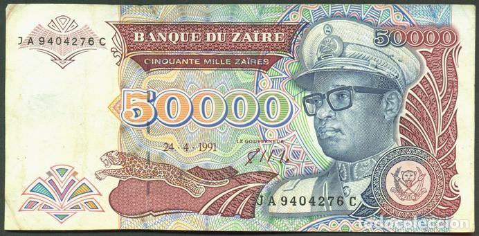Internationale Banknoten: ZAIRE. 50000 zaires 24.4.1991. Pick 40. Fauna, gorilas. Prefijo 2 letras.