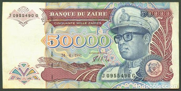 Internationale Banknoten: ZAIRE. 50000 zaires 24.4.1991. Pick 40. Fauna, gorilas. Prefijo 1 letra.