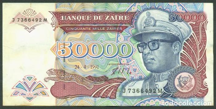 Internationale Banknoten: ZAIRE. 50000 zaires 24.4.1991. Pick 40. Fauna, gorilas. Prefijo 1 letra.