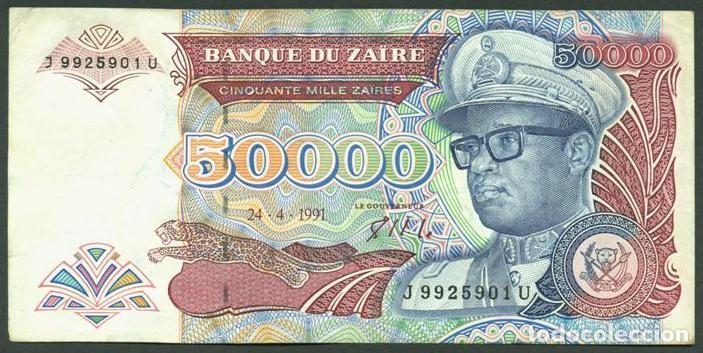 Internationale Banknoten: ZAIRE. 50000 zaires 24.4.1991. Pick 40. Fauna, gorilas. Prefijo 1 letra.