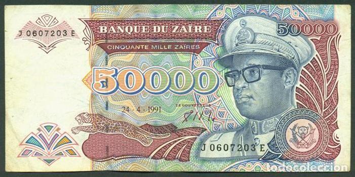 Internationale Banknoten: ZAIRE. 50000 zaires 24.4.1991. Pick 40. Fauna, gorilas. Prefijo 1 letra.