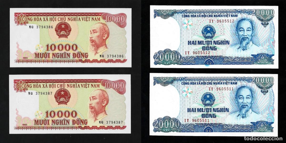 Billetes extranjeros: VIETNAM 4x 10000 & 20000 DONG 1991 1993 PAREJAS CORRELATIVAS UNC 4 NOTES