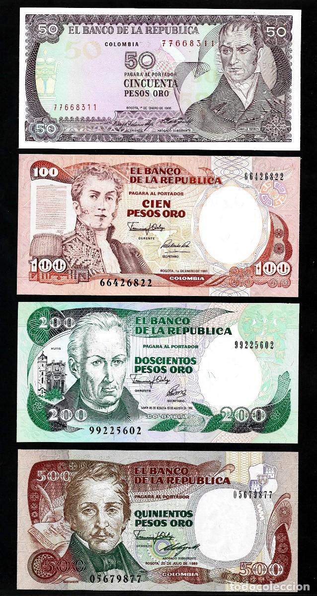 Billetes extranjeros: COLOMBIA 4x 50 100 200 500 PESOS ORO GEM UNCIRCULATED 4 NOTES TOP