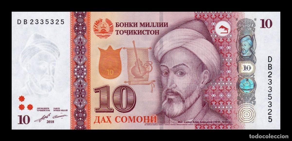 Billetes extranjeros: Tajikist&aacute;n 10 Somoni Mir Saiid Alii Hamadoni 2018 Pick 24c Sc Unc