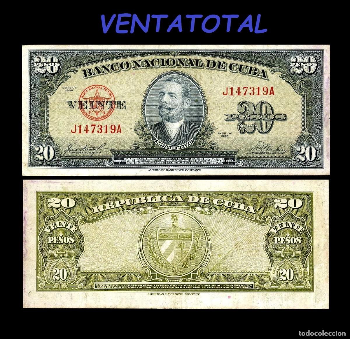 Billetes extranjeros: CUBA BILLETE AUTENTICO DE 20 PESOS A&Ntilde;O 1958 SERIEJ147319A( ANTONIO MACEO - GENERAL 2&ordm; JEFE MILITAR )