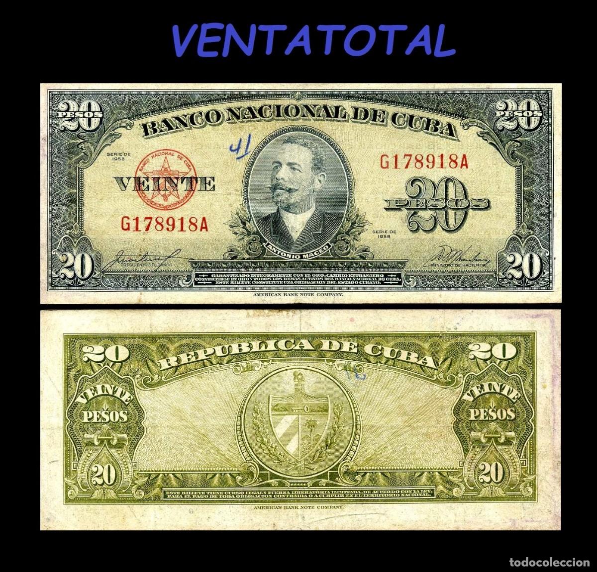 Billetes extranjeros: CUBA BILLETE AUTENTICO DE 20 PESOS A&Ntilde;O 1958 SERIE G178918A (ANTONIO MACEO - GENERAL 2&ordm; JEFE MILITAR)