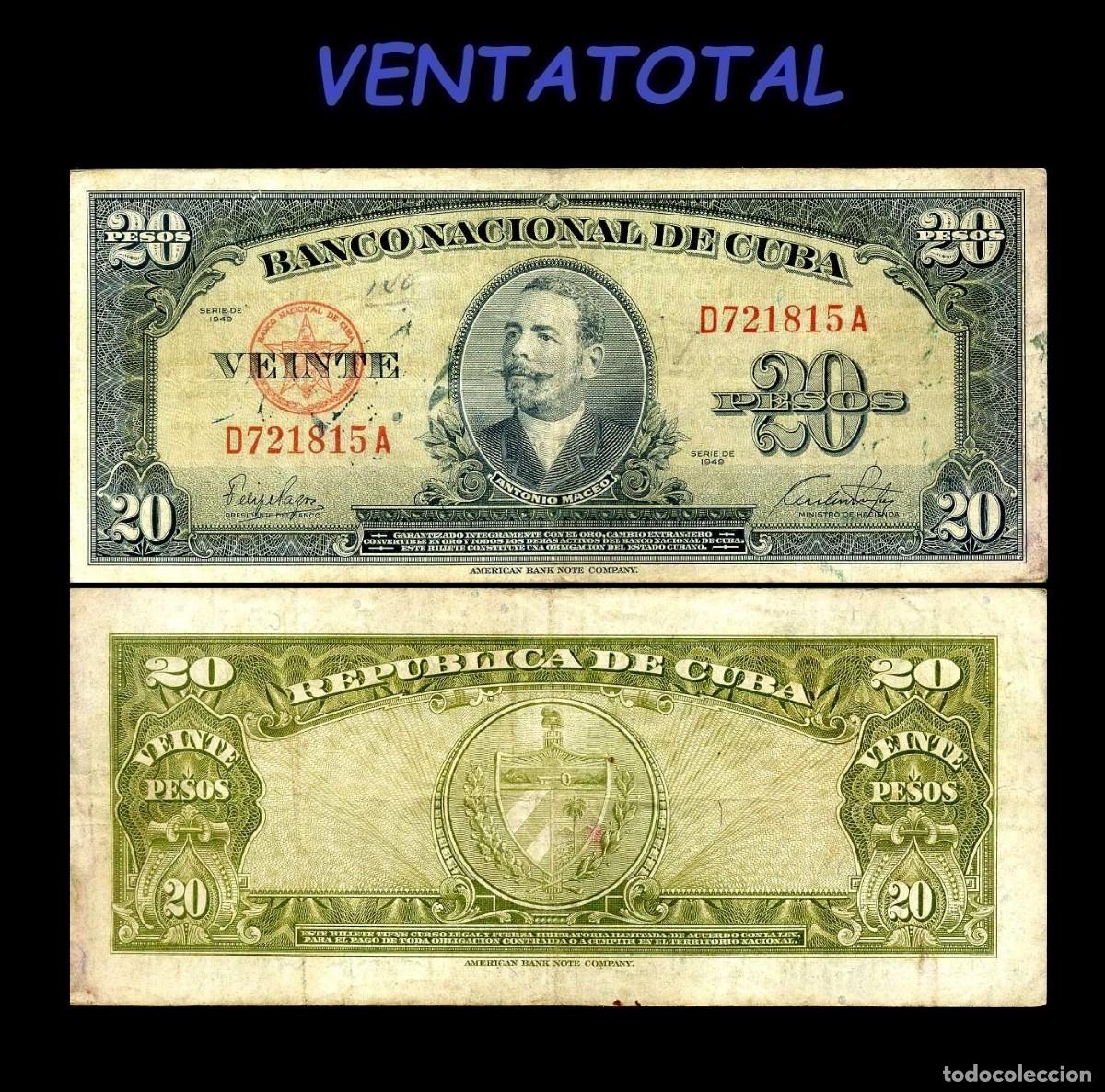 Billetes extranjeros: CUBA BILLETE AUTENTICO DE 20 PESOS A&Ntilde;O 1949 SERIE C721815A (ANTONIO MACEO - GENERAL 2&ordm; JEFE MILITAR)