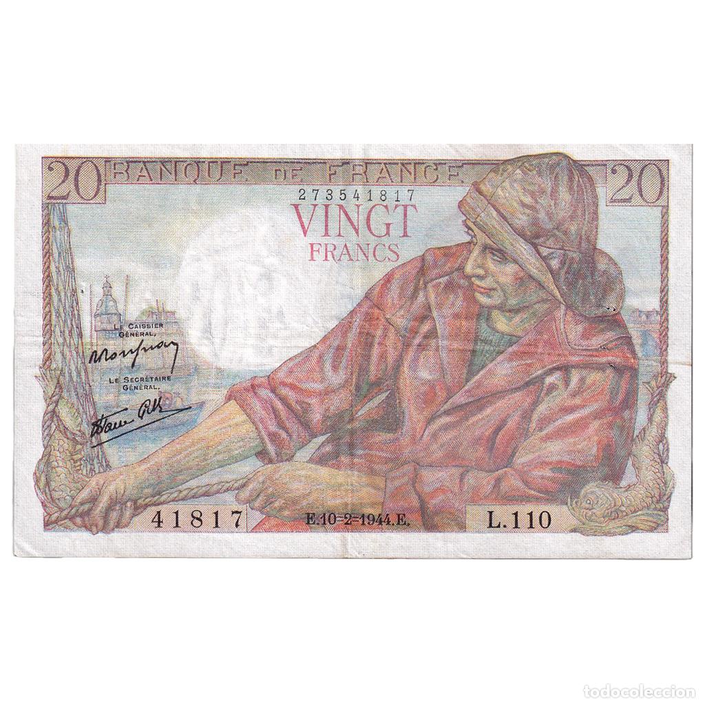 Billetes extranjeros: [#334042] Francia, 20 Francs, P&ecirc;cheur, 1944, L.110, MBC, Fayette:13.8, KM:100a