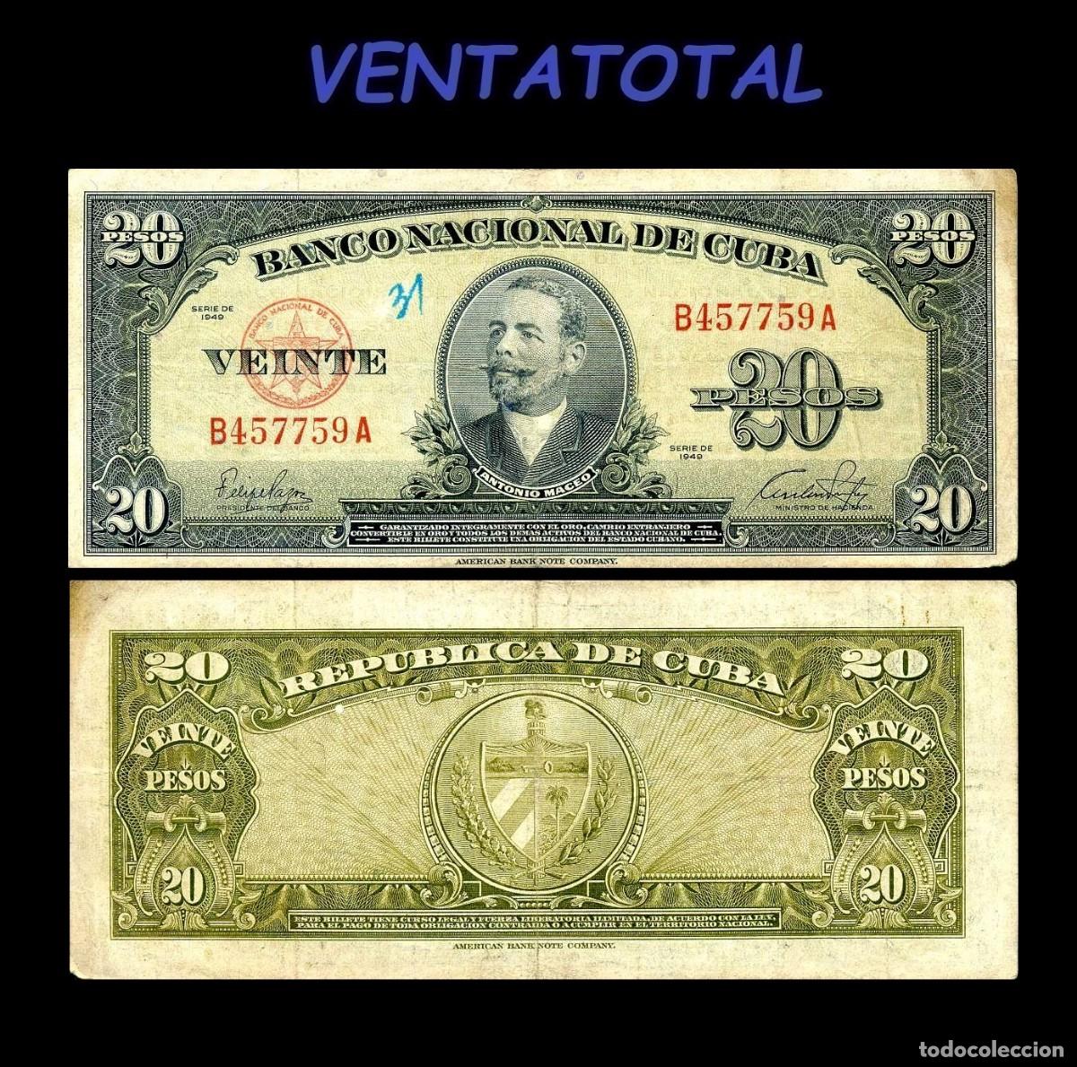 Billetes extranjeros: CUBA BILLETE AUTENTICO DE 20 PESOS A&Ntilde;O 1949 SERIE B457759A (ANTONIO MACEO - GENERAL 2&ordm; JEFE MILITAR)