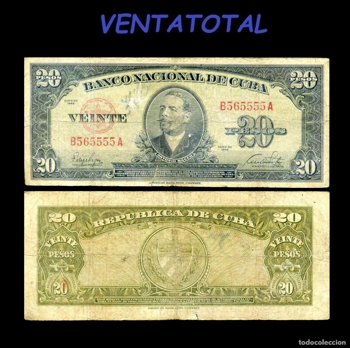 Billetes extranjeros: CUBA BILLETE AUTENTICO DE 20 PESOS A&Ntilde;O 1949 SERIE B565555A (ANTONIO MACEO - GENERAL 2&ordm; JEFE MILITAR)