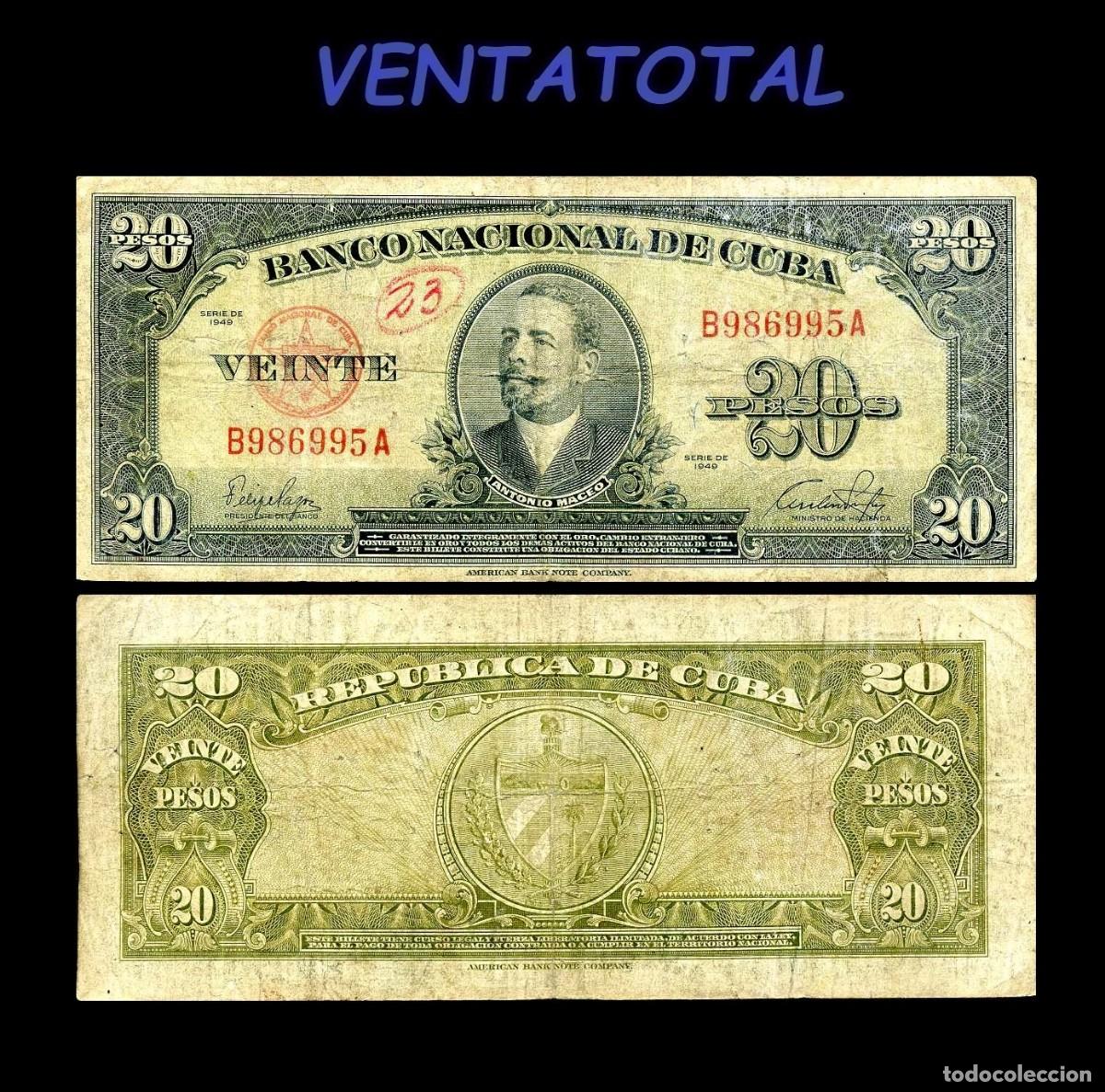 Billetes extranjeros: CUBA BILLETE AUTENTICO DE 20 PESOS A&Ntilde;O 1949 SERIE B986995A (ANTONIO MACEO - GENERAL 2&ordm; JEFE MILITAR)