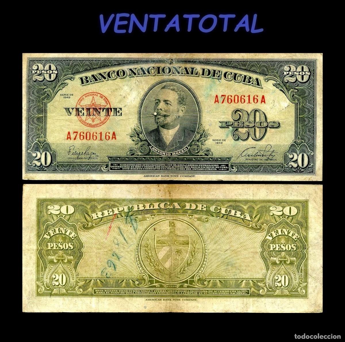 Billetes extranjeros: CUBA BILLETE AUTENTICO DE 20 PESOS A&Ntilde;O 1949 SERIE A760616A (ANTONIO MACEO - GENERAL 2&ordm; JEFE MILITAR)