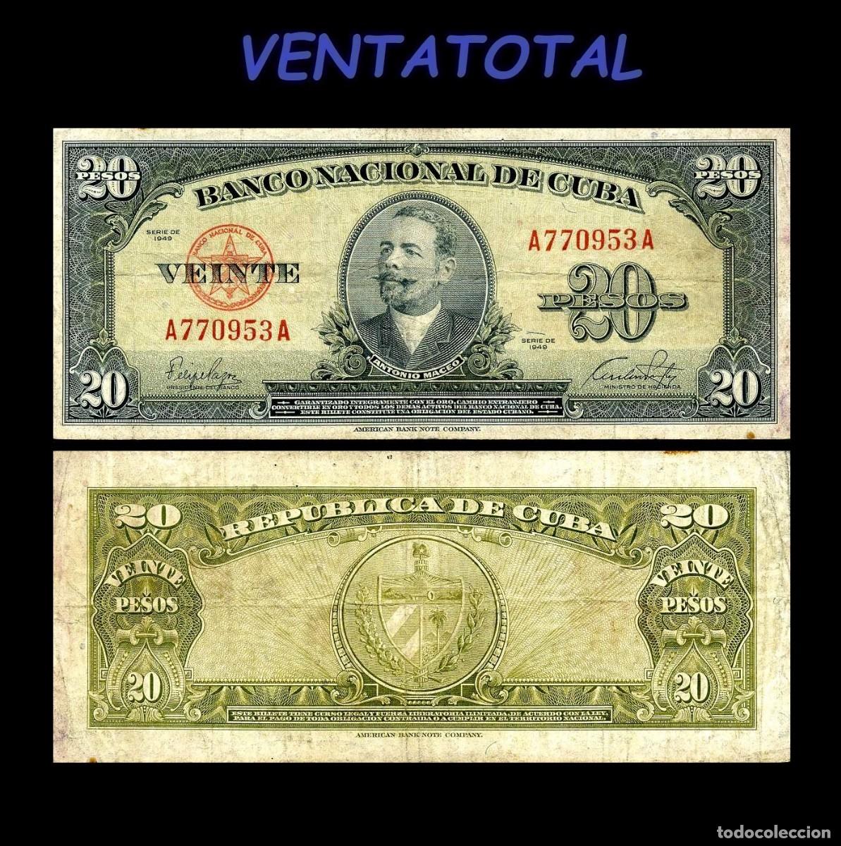 Billetes extranjeros: CUBA BILLETE AUTENTICO DE 20 PESOS A&Ntilde;O 1949 SERIE A770953A (ANTONIO MACEO - GENERAL 2&ordm; JEFE MILITAR)