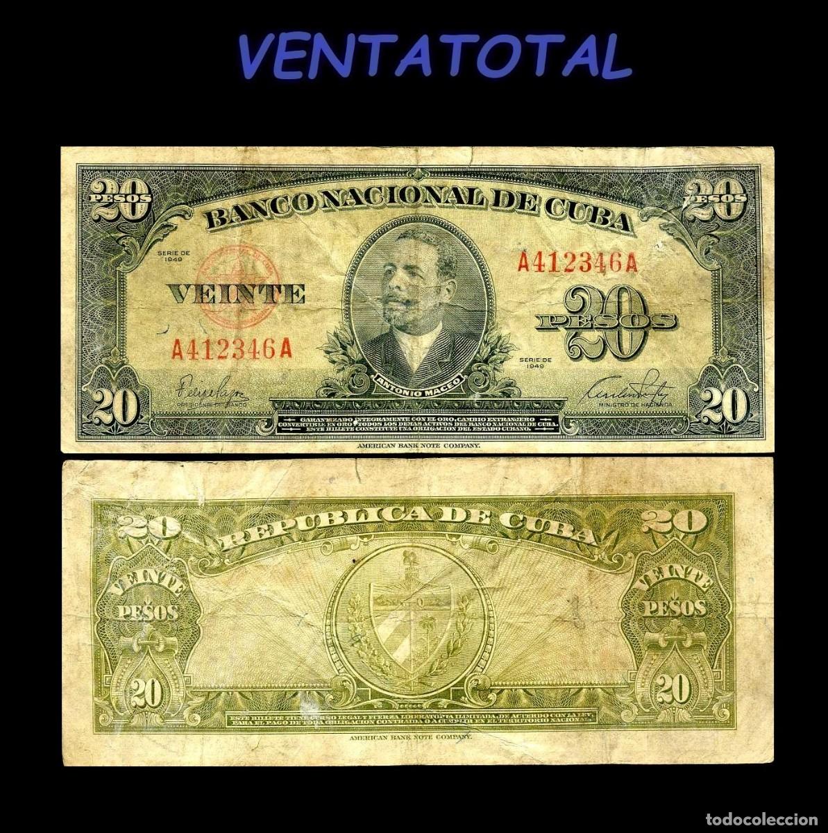 Billetes extranjeros: CUBA BILLETE AUTENTICO DE 20 PESOS A&Ntilde;O 1949 SERIE A412346A (ANTONIO MACEO - GENERAL 2&ordm; JEFE MILITAR)
