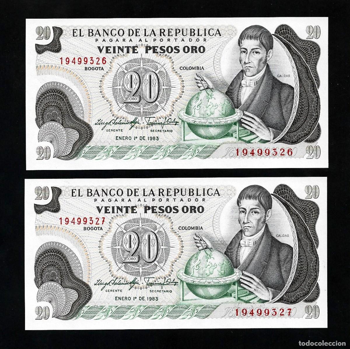 Billetes extranjeros: COLOMBIA 2x 20 PESOS 1983 CONSECUTIVE PARTNERS GEM UNCIRCULATED