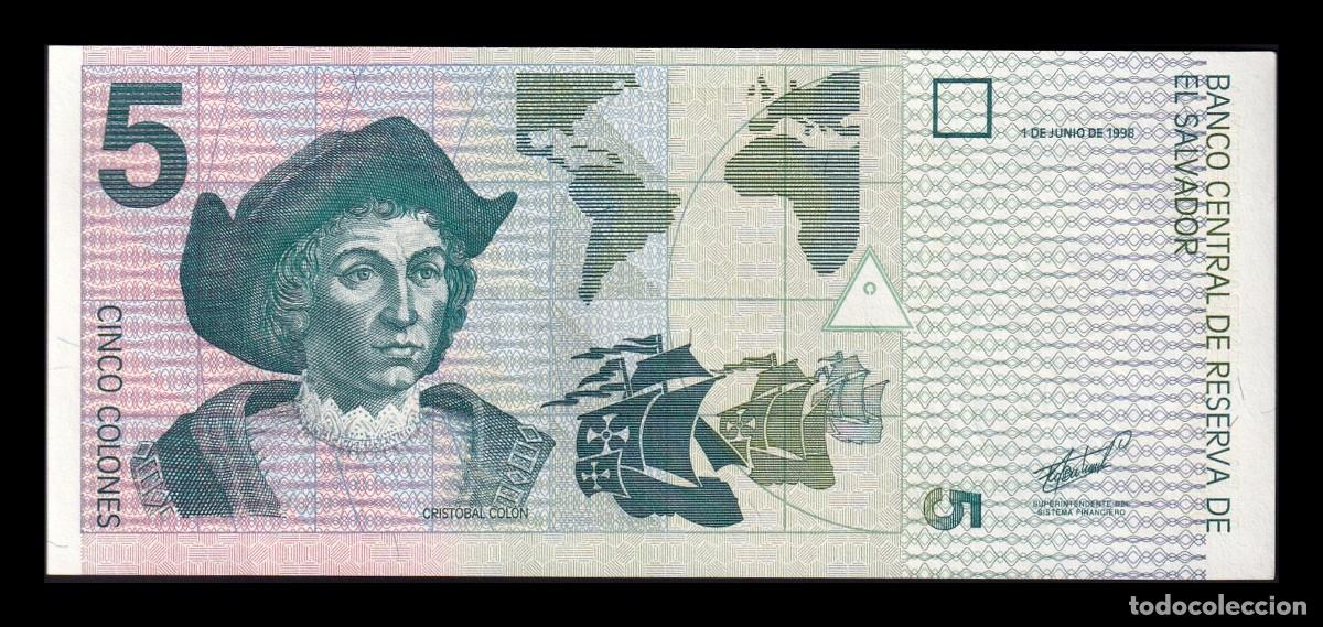 Billetes extranjeros: El Salvador 5 Colones Crist&oacute;bal Col&oacute;n 1998 Pick 147b Ebc Xf