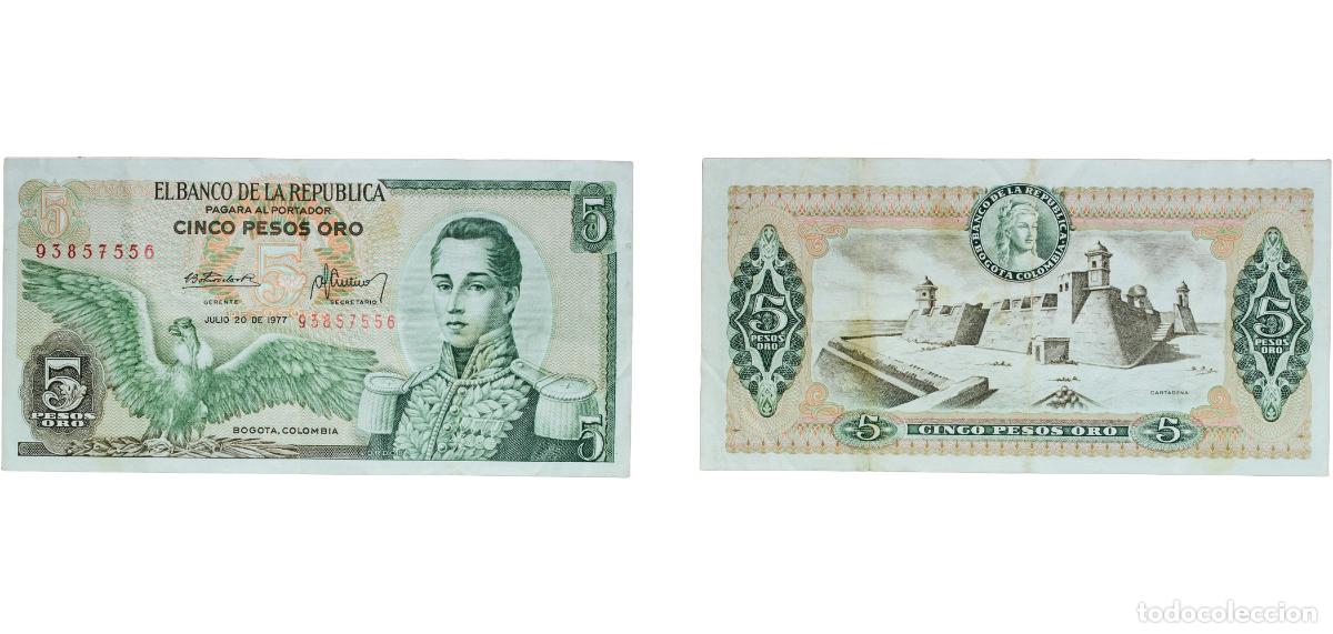 Billetes extranjeros: Colombia Republic 1977 5 Pesos Oro (Bank of the Republic of Colombia) Paper XF P 406e TBB B949m Her