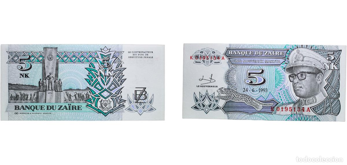 Billetes extranjeros: Zaire Republic 1993 5 Nouveaux Makuta Paper UNC P 48