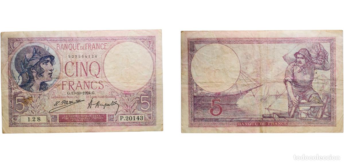 Billetes extranjeros: France Third Republic 1924 5 Francs - Violet (type 1917) Paper VF P 72 Fay 03 BDF 191701