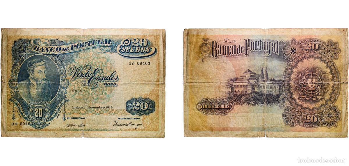 Billetes extranjeros: Portugal First Republic 1919 20 Escudos (2nd. print) Rare Paper (1020000) F P 118 Silva 039 Silva