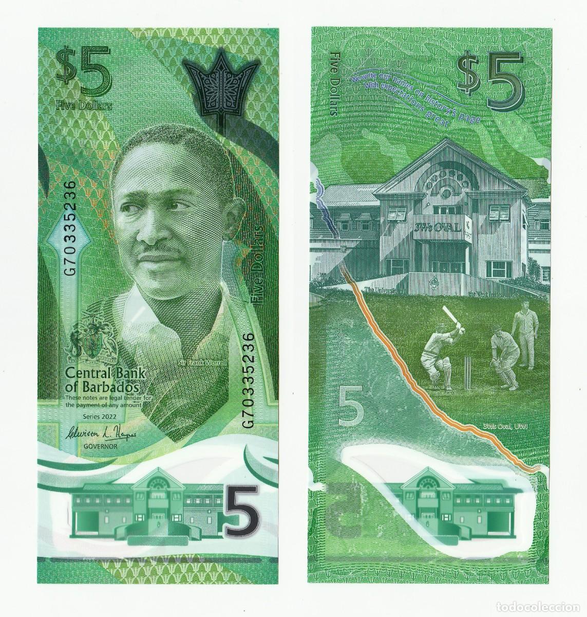Billetes extranjeros: Barbados 5 D&oacute;lares 2022 Pick 81 n/s G70335244 Pol&iacute;mero Sin Circular