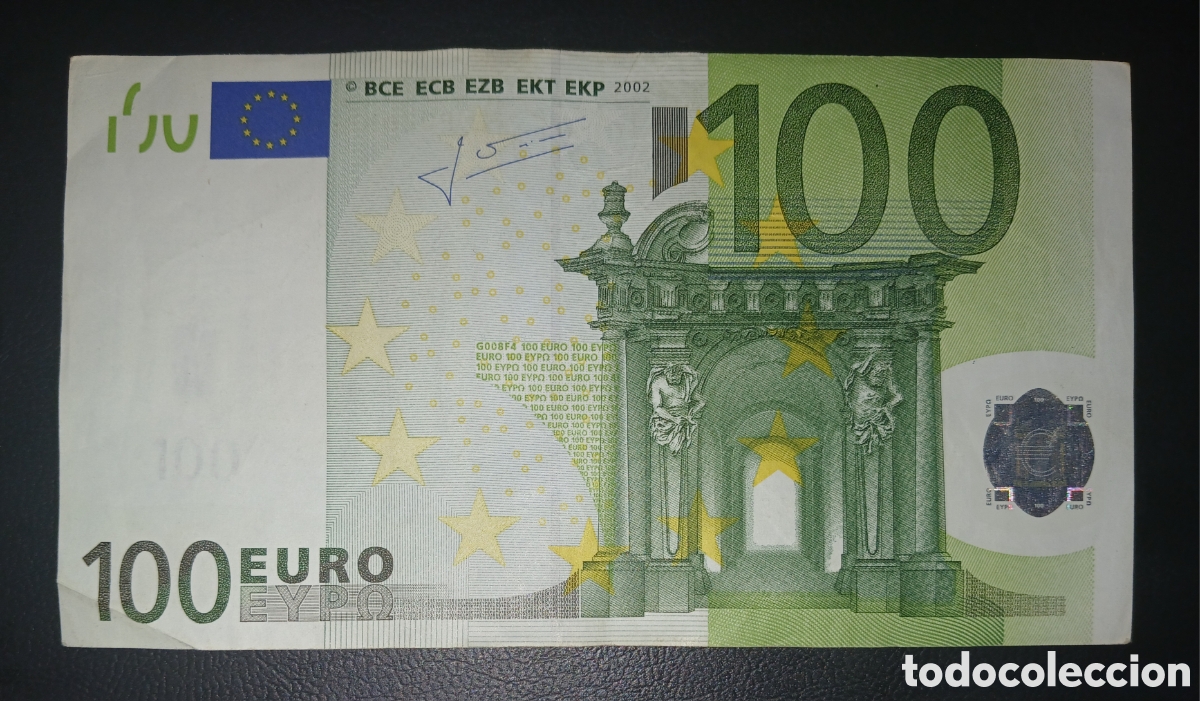 Billetes extranjeros: Billete 100 Euros 2002 - Primera Serie (Firma Wim Duisenberg, Plancha G008F4, C&oacute;digo P Holanda)