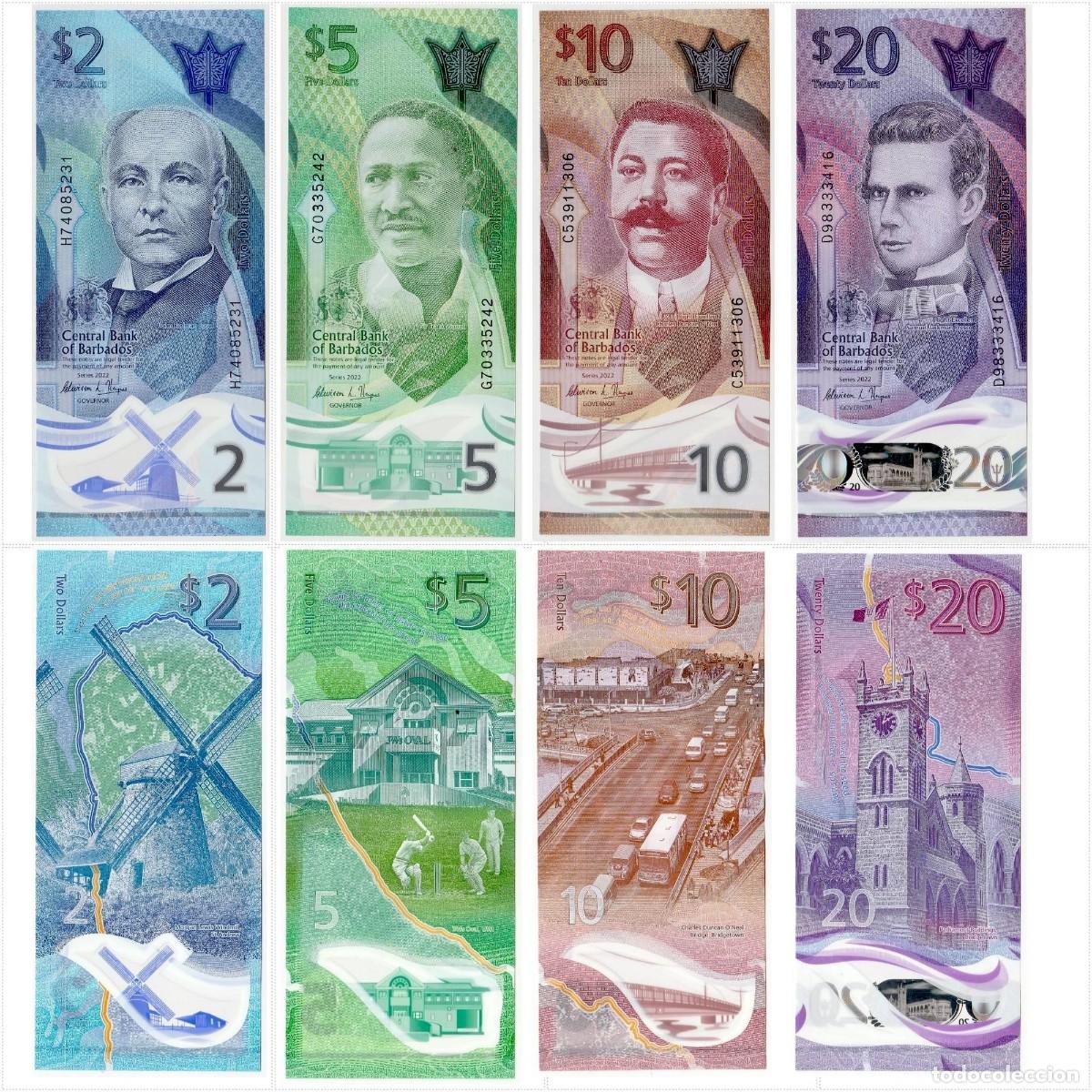 Billetes extranjeros: Barbados Set 4 pcs 2 5 10 20 D&oacute;lares 2022 Pol&iacute;meros Sin Circular (los billetes de la foto)