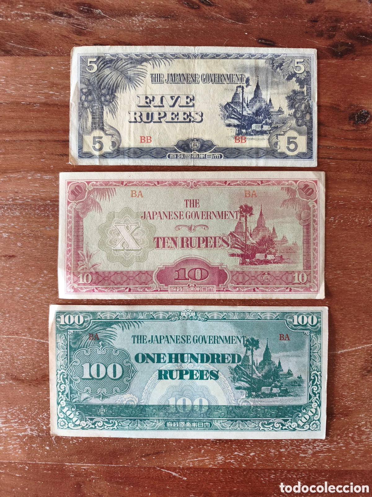 Billetes extranjeros: Lote 3 billetes ocupaci&oacute;n japonesa de Birmania IIGM
