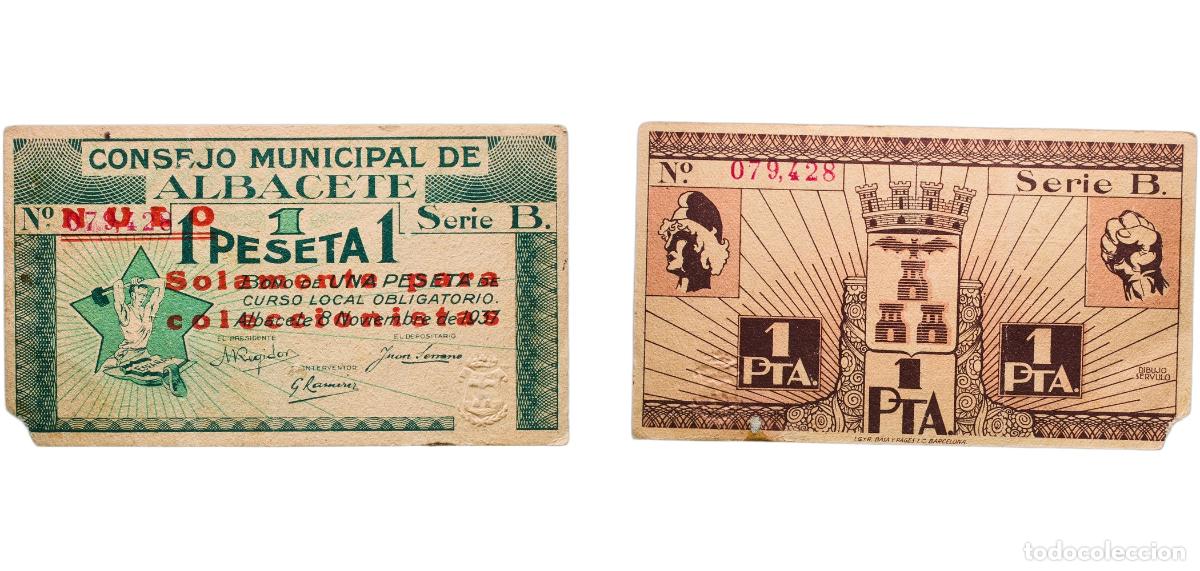 Billetes extranjeros: Spain Albacete, Municipality of Second Republic 1937 1 Peseta (Albacete) Paper XF Damage Gari Mon