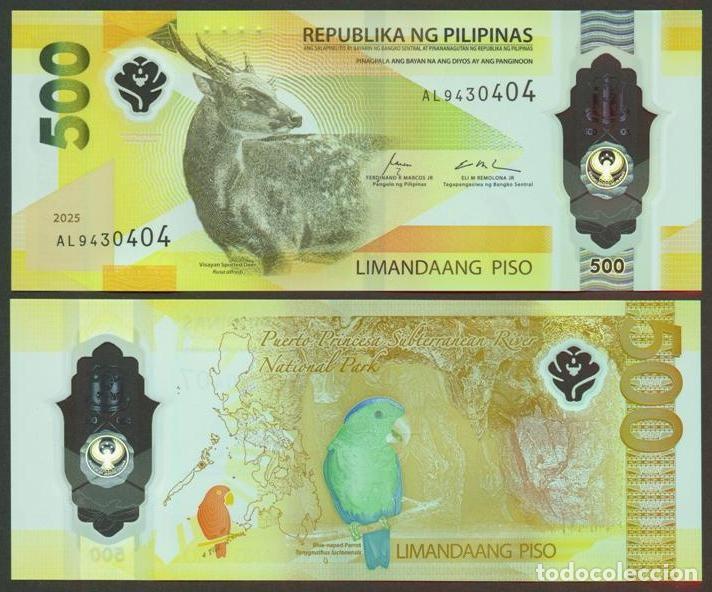 Billetes extranjeros: FILIPINAS (PHILIPPINES). 500 piso (pesos) 2025. Polimero. S/C. Fauna. ciervo, loro.