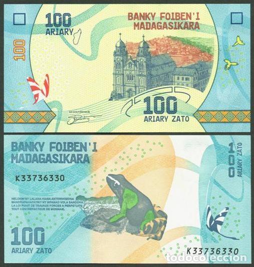 Billetes extranjeros: MADAGASCAR. Bonito 100 Ariary 2017 (202X ?). S/C. Fauna, flora. Nueva firma.