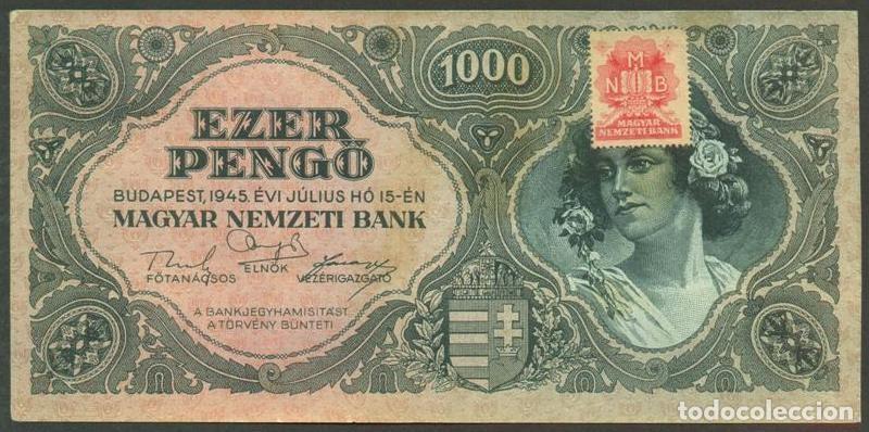Billetes extranjeros: HUNGRIA. 1000 pengo 15.7. 1945. Pick 118 b. Con sello adhesivo.