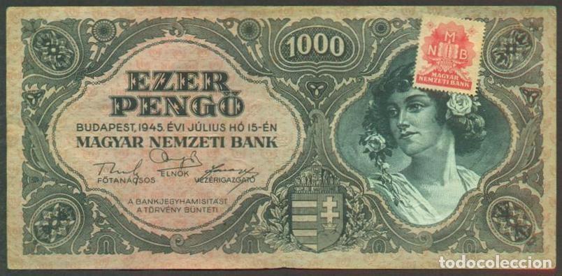 Billetes extranjeros: HUNGRIA. 1000 pengo 15.7. 1945. Pick 118 b. Con sello adhesivo.