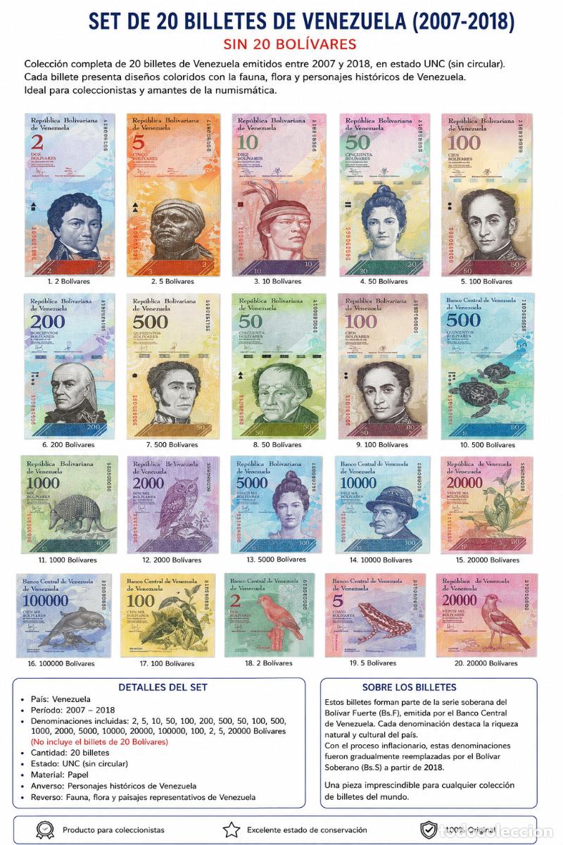 International Banknotes: Venezuela Full Set 20 PCS 2 a 100.000 Bolivares 2 a 500 Soberanos 2007-2019 UNC